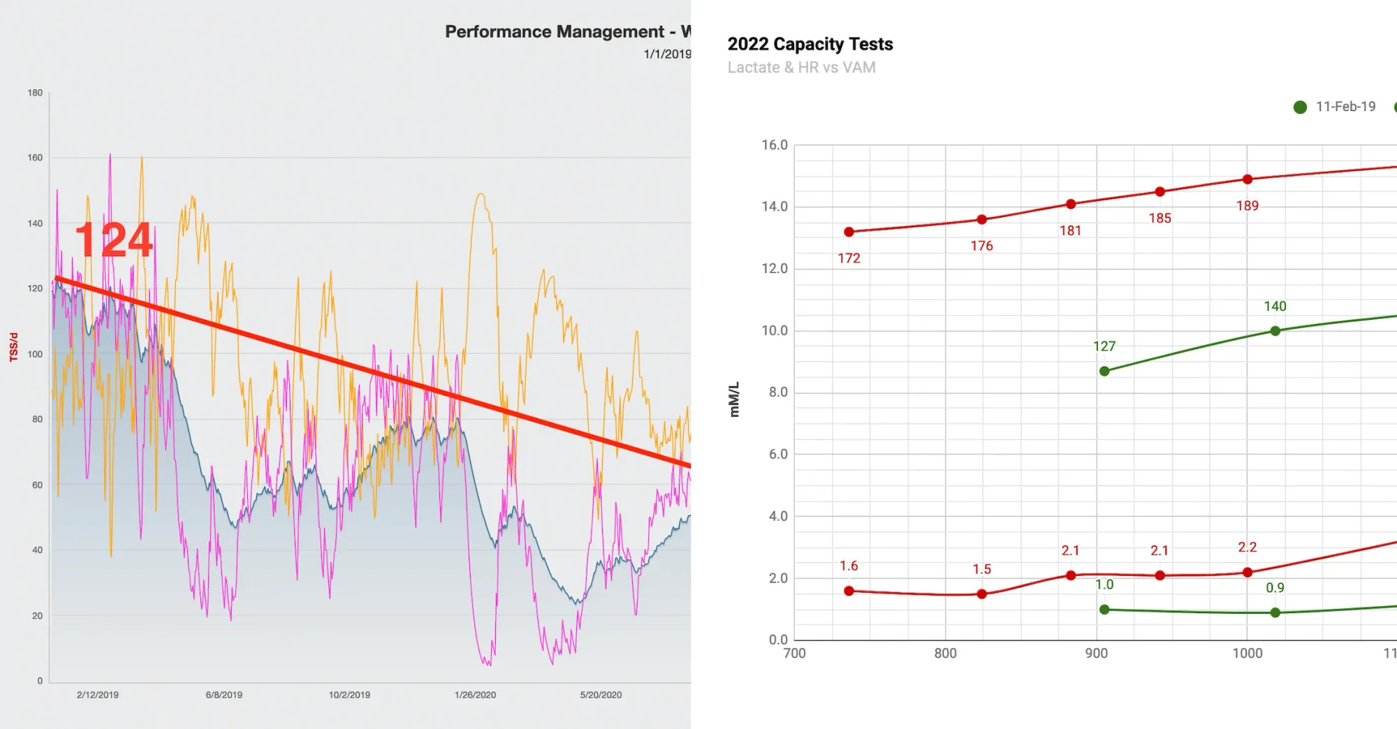 An image of my declining Performance Management Chart and a graph of my most recent lacate test